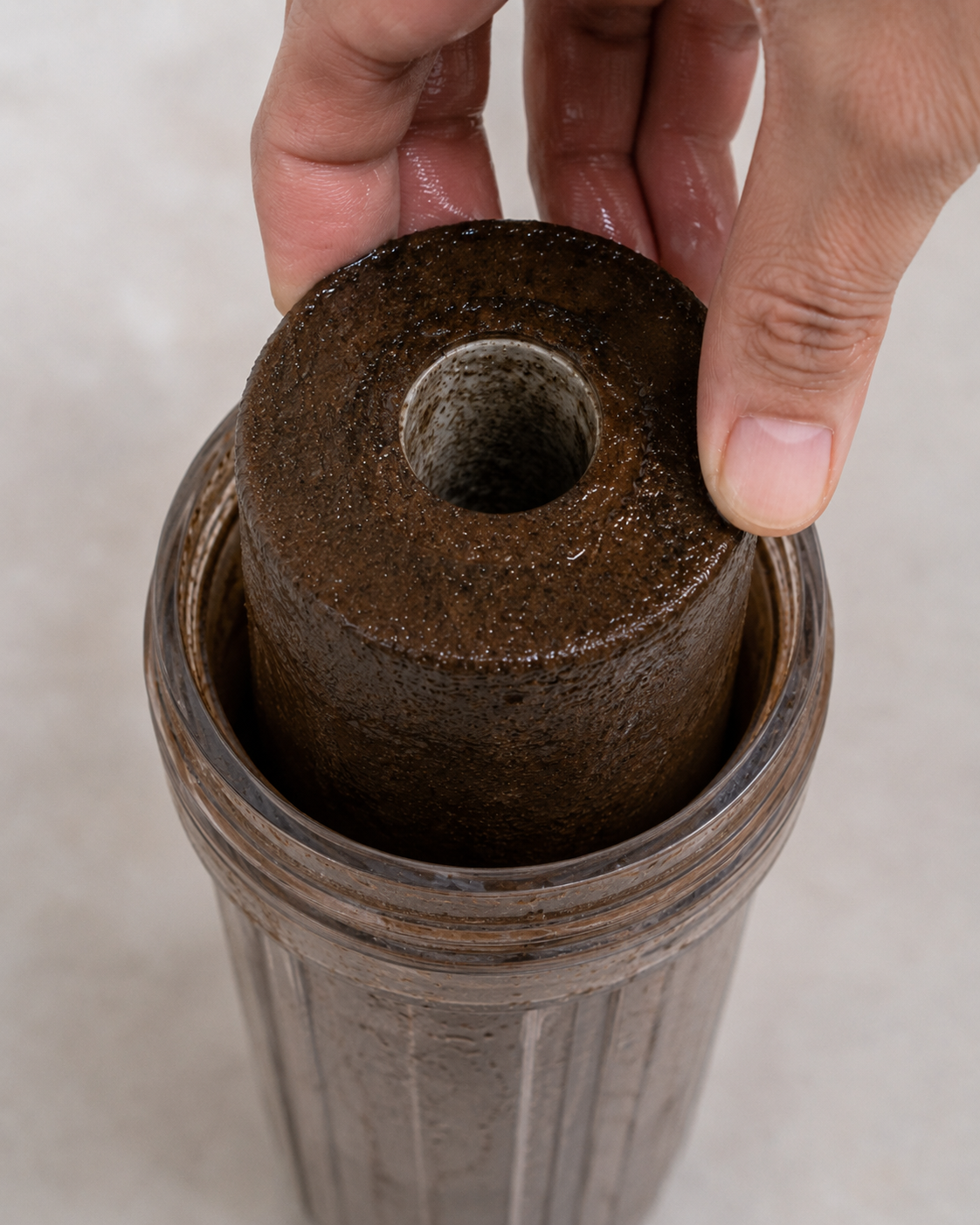 Dark well water filter removed from housing