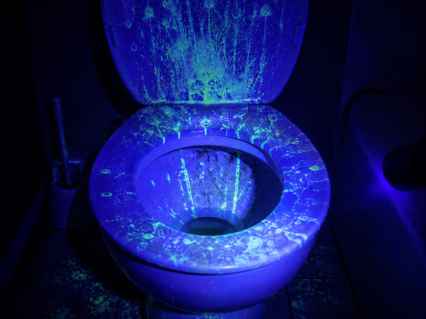 Toilet seat under UV lighting revealing residue and germ-prone buildup