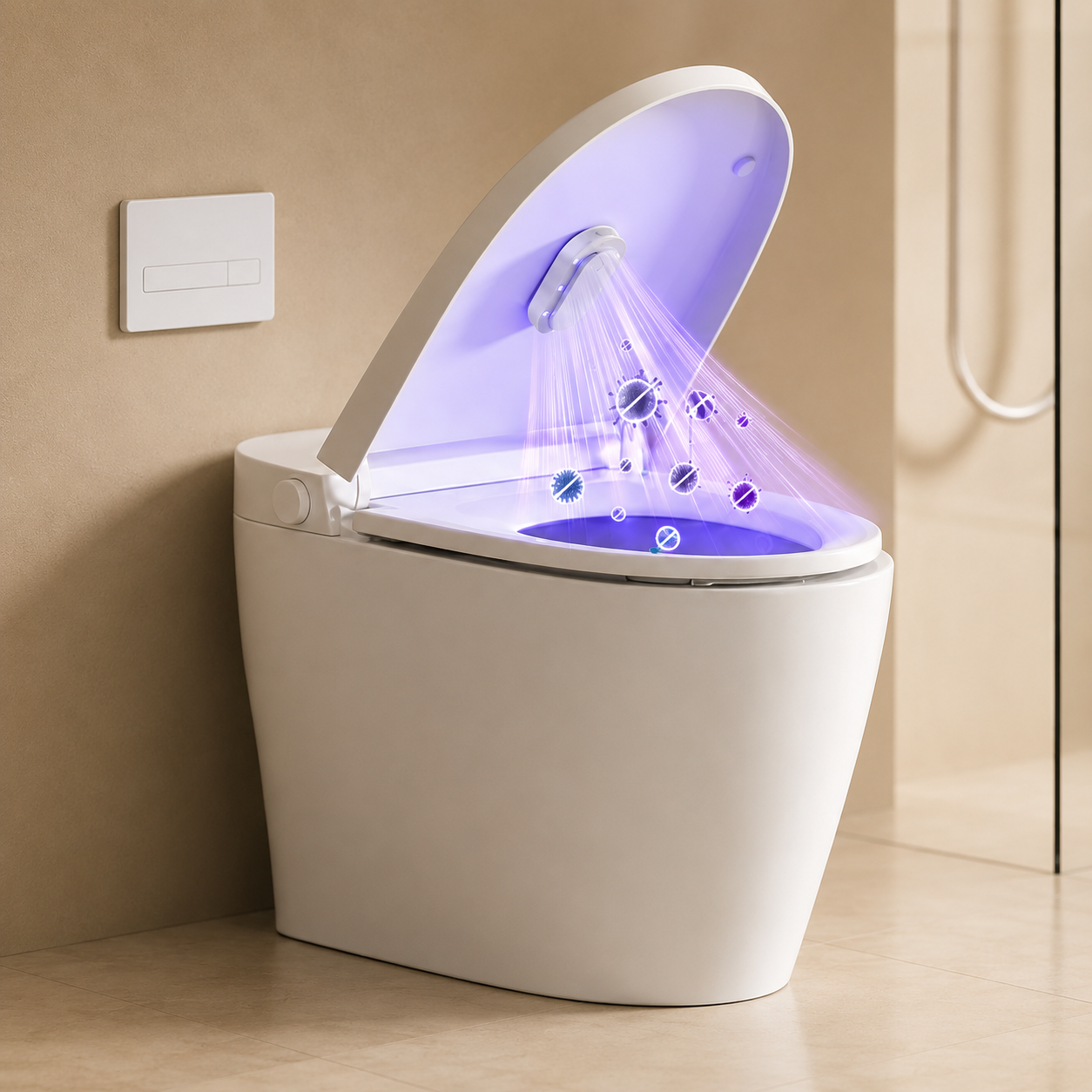 Azuremist UV toilet sanitizer running a blue disinfection cycle in a modern bathroom
