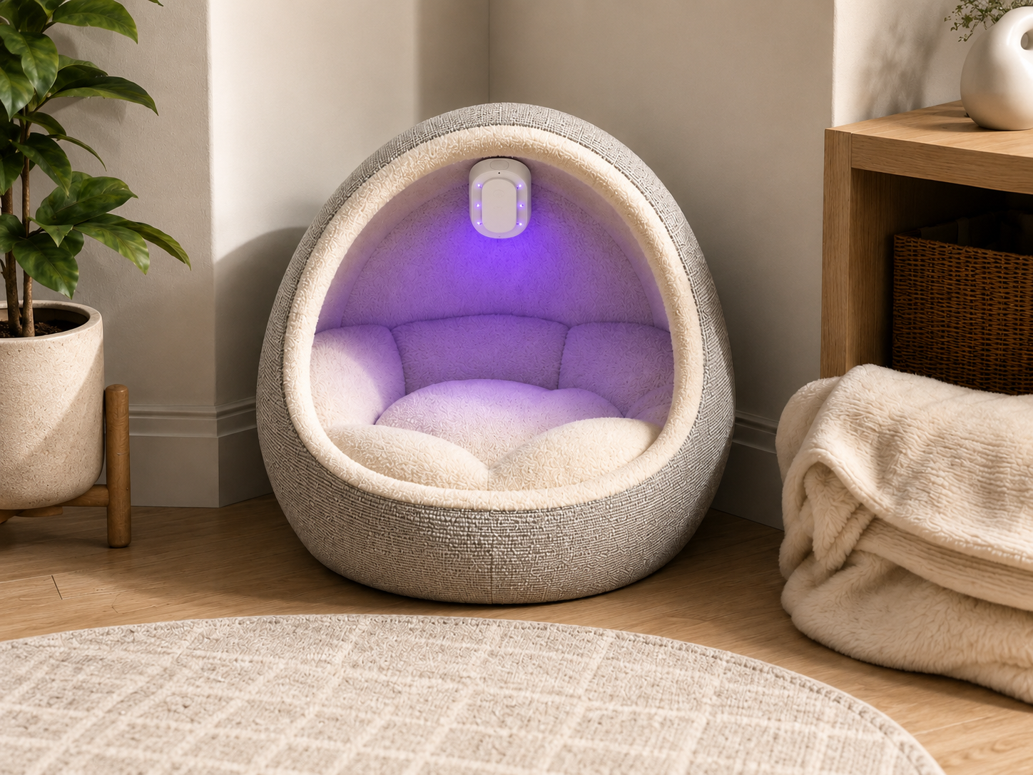 Azuremist refresh device casting a soft purple glow inside a cozy pet nest