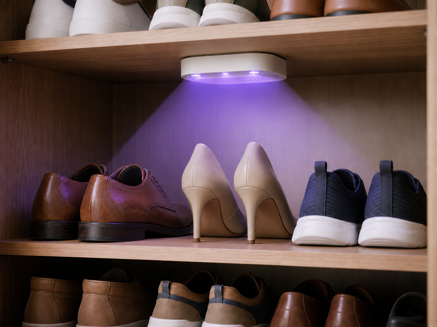 Azuremist refresh device mounted inside a shoe cabinet above neatly arranged shoes