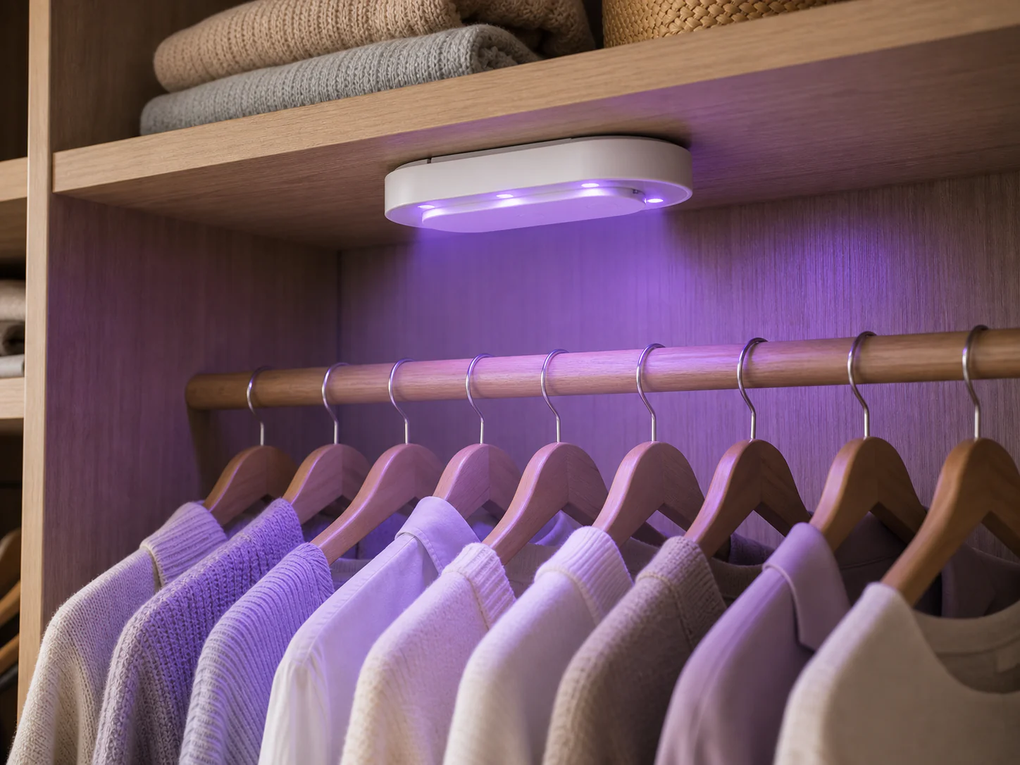 Azuremist refresh device mounted inside a wardrobe with hanging clothes