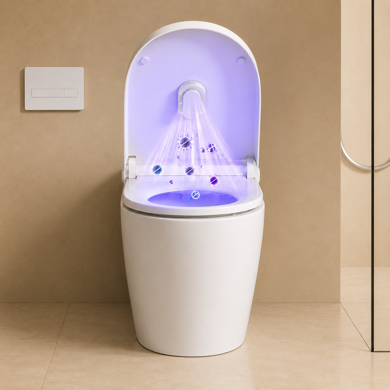 Azuremist UV-C sanitizer running a blue refresh cycle on an open toilet lid
