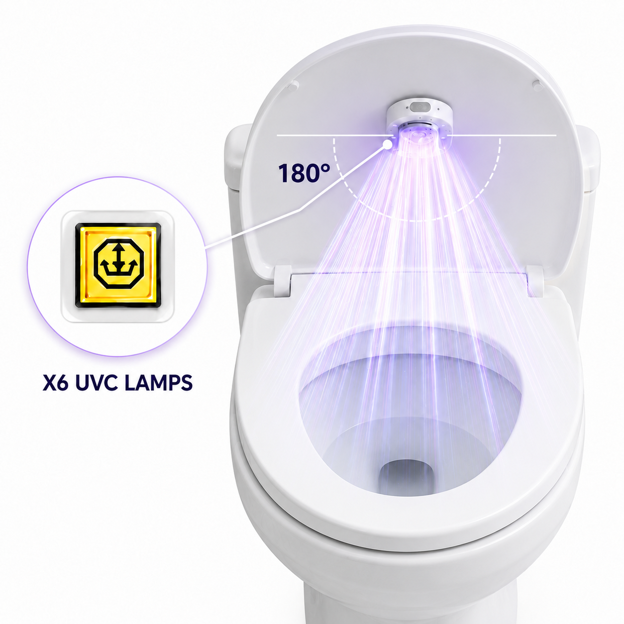 Azuremist UV-C lamp coverage diagram showing six UVC lamps and 180 degree light-wave coverage