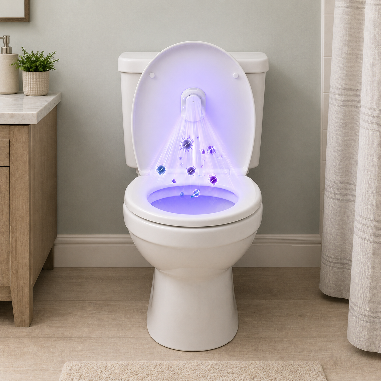 Azuremist UV-C refresh cycle running inside a bathroom toilet