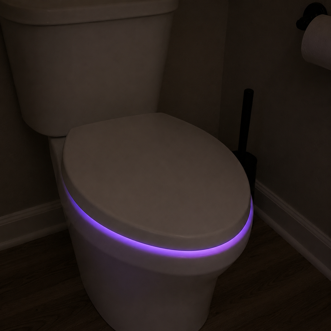 Closed toilet with soft purple Azuremist night light glow