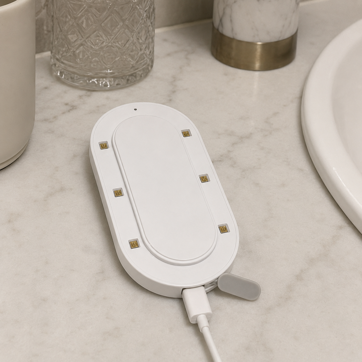 Azuremist device charging on bathroom counter before setup
