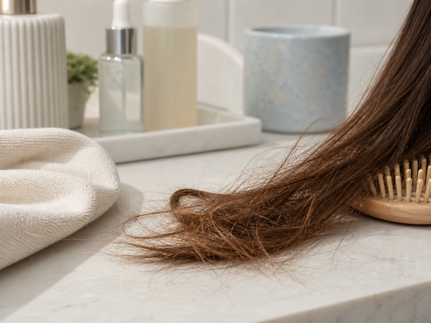 Dry hair texture near bathroom essentials