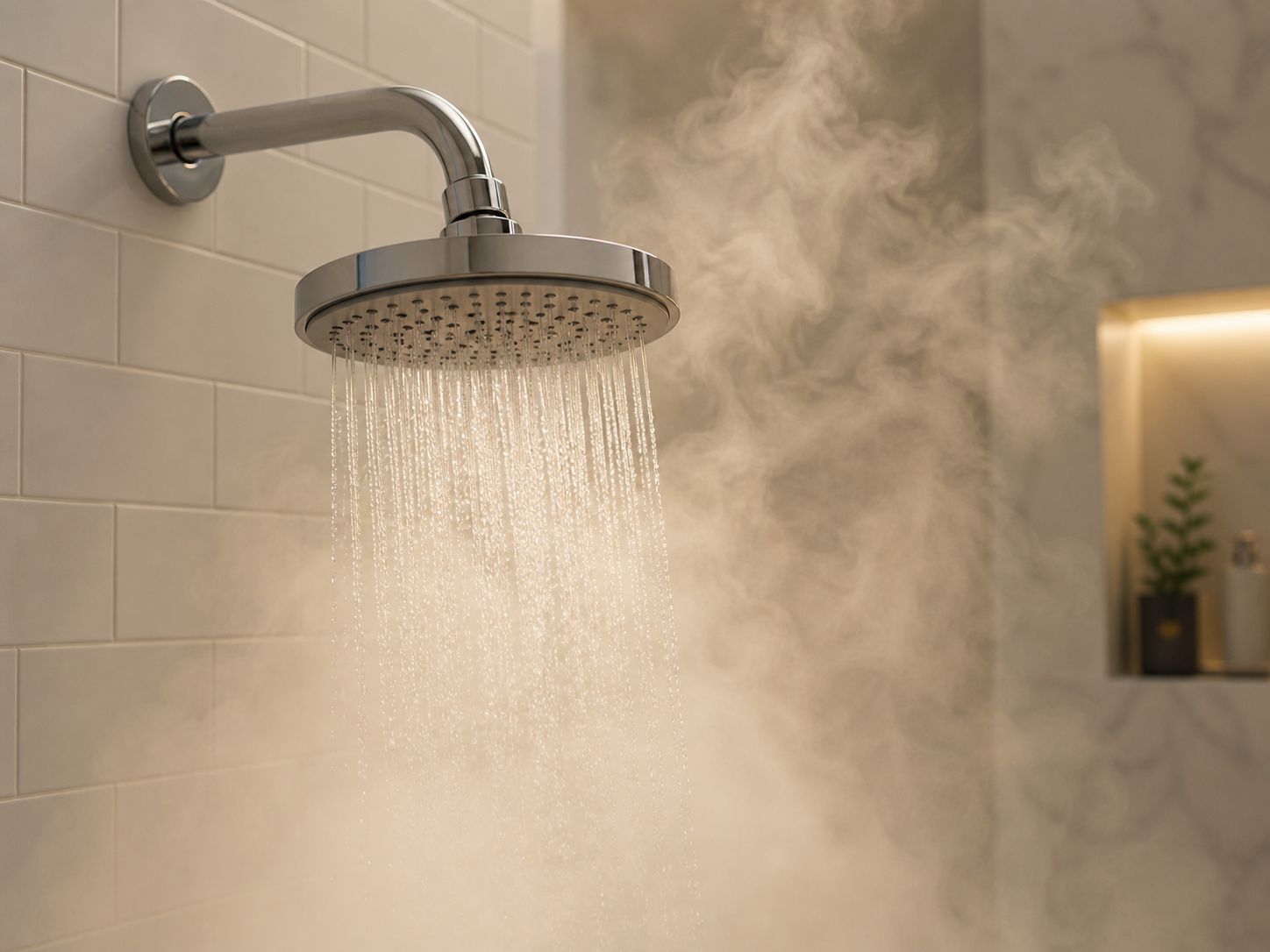 Steamy shower head with warm water