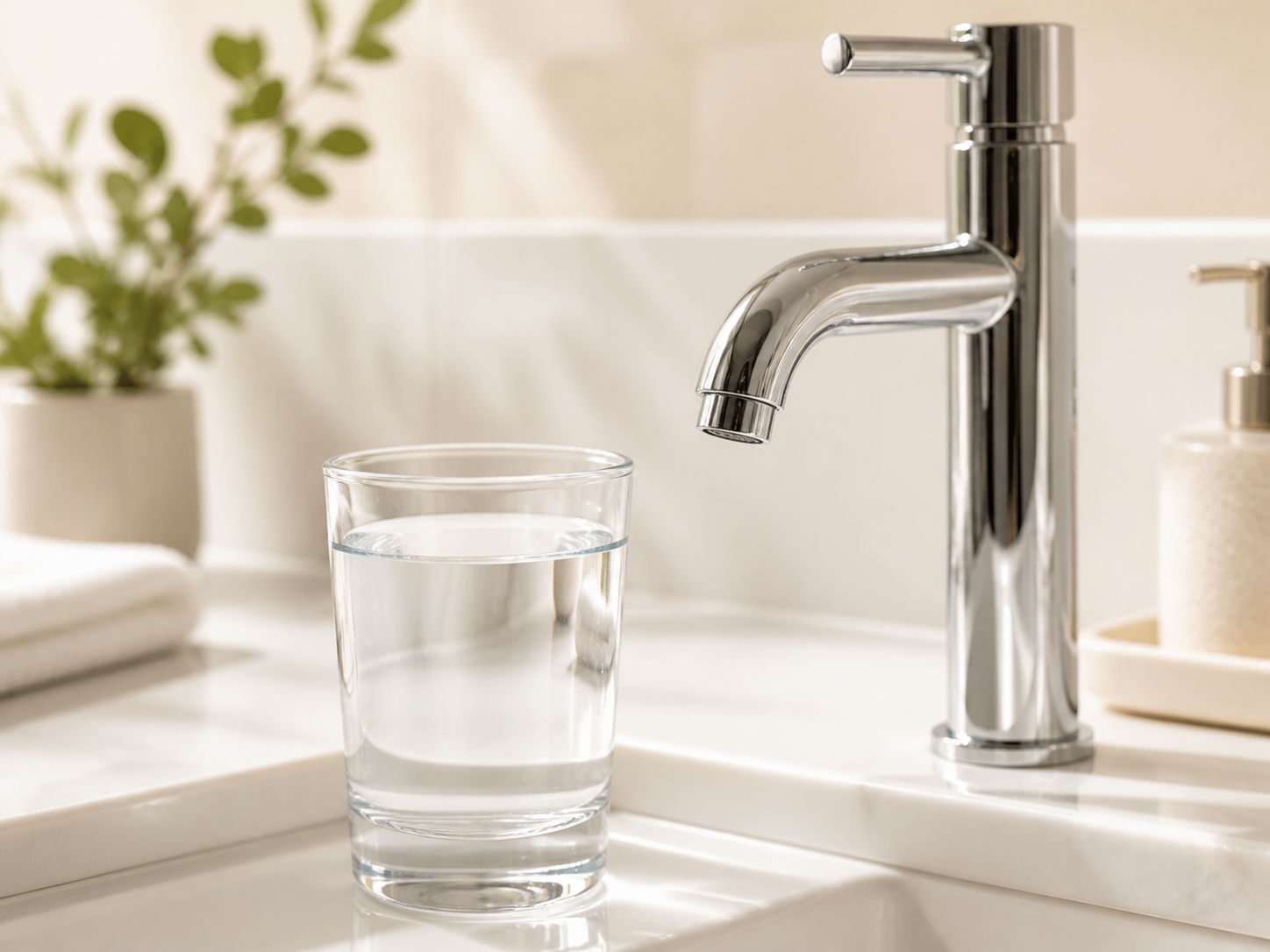 Glass of tap water beside a faucet